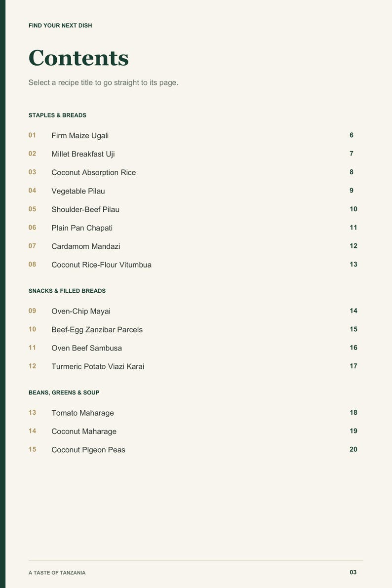Actual PDF page 3 from A Taste of Tanzania: Contents, page 1.