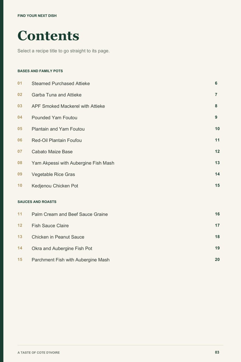 Actual PDF page 3 from A Taste of Cote d'Ivoire: Contents, page 1.