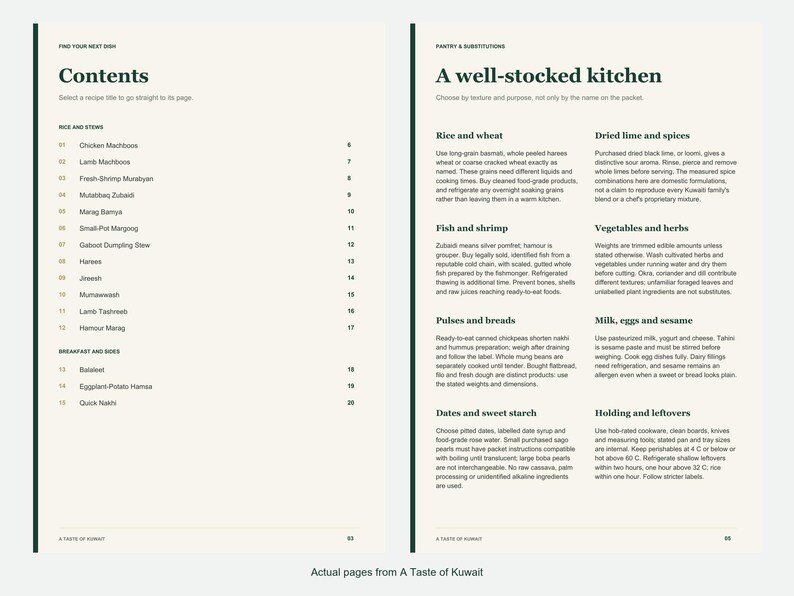 Actual contents and kitchen-notes pages from A Taste of Kuwait.
