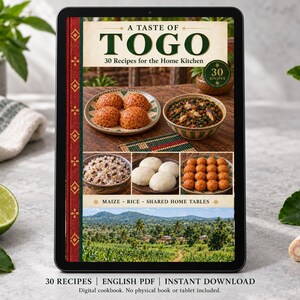 Digital cookbook mockup displaying the actual A Taste of Togo cover. English PDF download only; no tablet or physical book included.