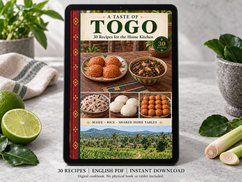 Digital cookbook mockup displaying the actual A Taste of Togo cover. English PDF download only; no tablet or physical book included.