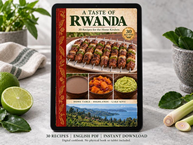 Digital cookbook mockup displaying the actual A Taste of Rwanda cover. English PDF download only; no tablet or physical book included.