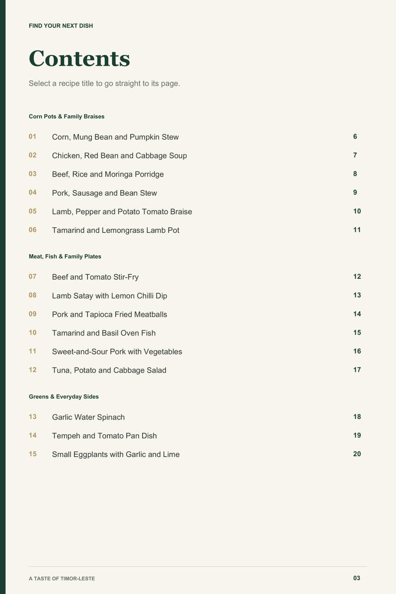 Actual PDF page 3 from A Taste of Timor-Leste: Contents, page 1.