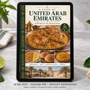 Digital cookbook mockup displaying the actual A Taste of United Arab Emirates cover. English PDF download only; no tablet or physical book included.