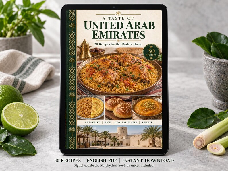 Digital cookbook mockup displaying the actual A Taste of United Arab Emirates cover. English PDF download only; no tablet or physical book included.