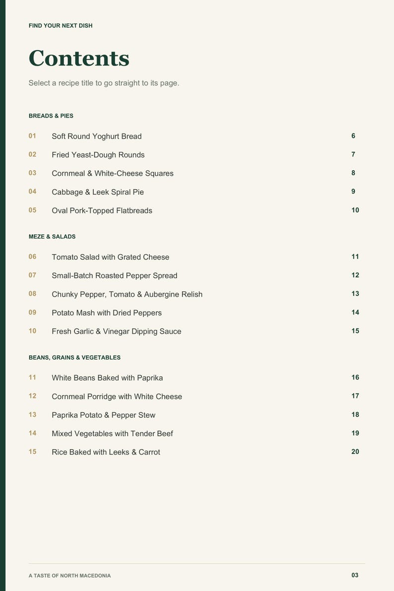 Actual PDF page 3 from A Taste of North Macedonia: Contents, page 1.
