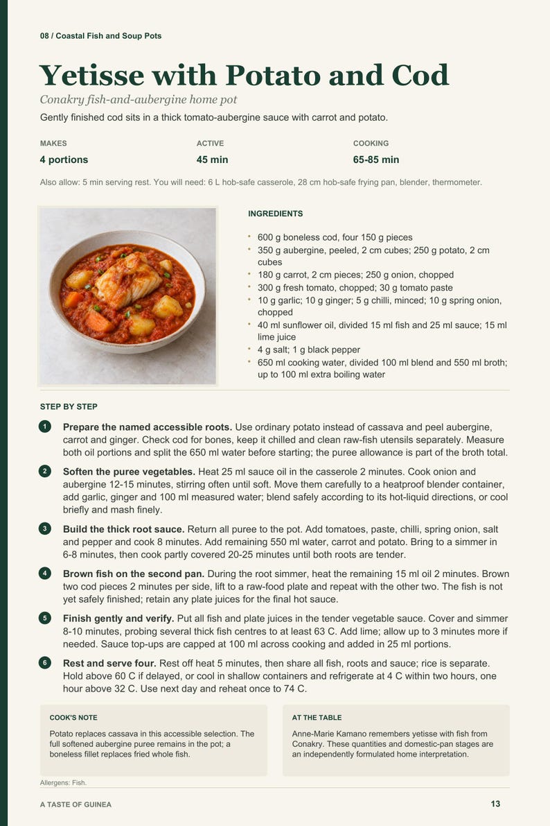 Actual PDF page 13 from A Taste of Guinea: Yetisse with Potato and Cod recipe page.