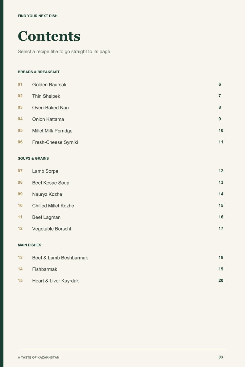Actual PDF page 3 from A Taste of Kazakhstan: Contents, page 1.