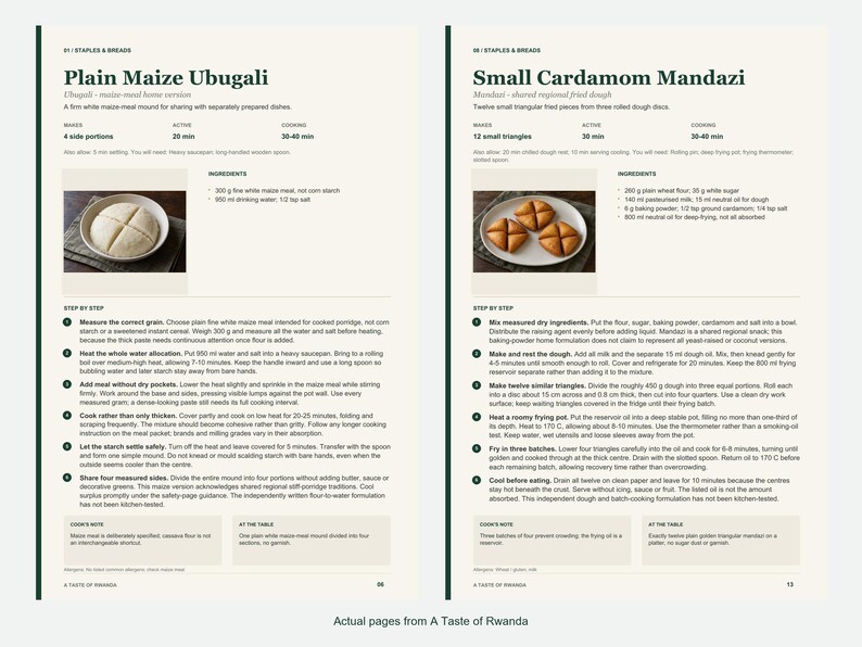 Two actual recipe pages from A Taste of Rwanda.