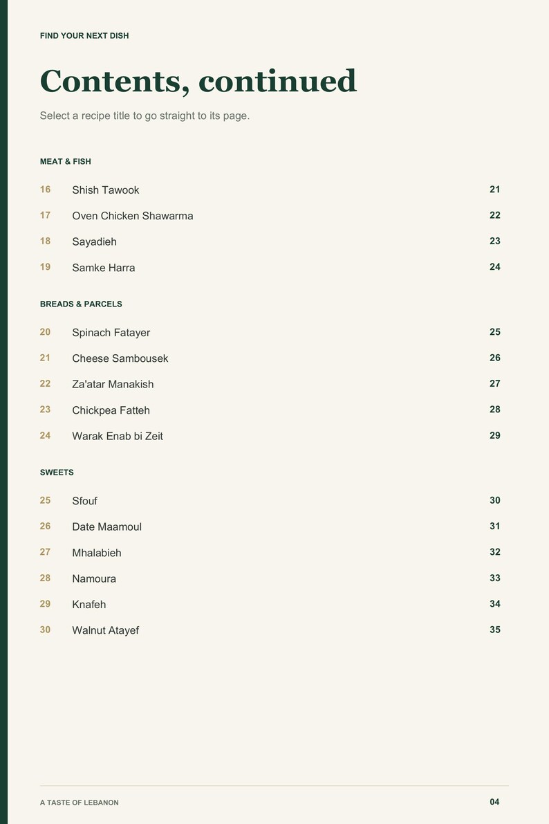 Actual PDF page 4 from A Taste of Lebanon: Contents, page 2.