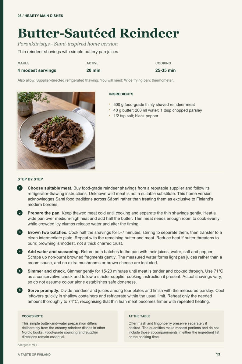 Actual PDF page 13 from A Taste of Finland: Butter-Sautéed Reindeer recipe page.