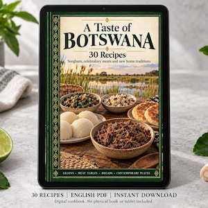 Digital cookbook mockup displaying the actual A Taste of Botswana cover. English PDF download only; no tablet or physical book included.