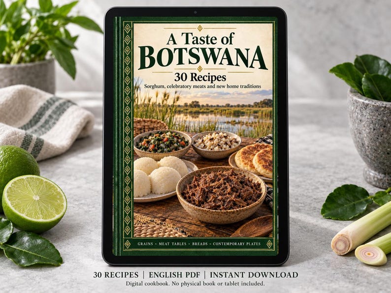 Digital cookbook mockup displaying the actual A Taste of Botswana cover. English PDF download only; no tablet or physical book included.