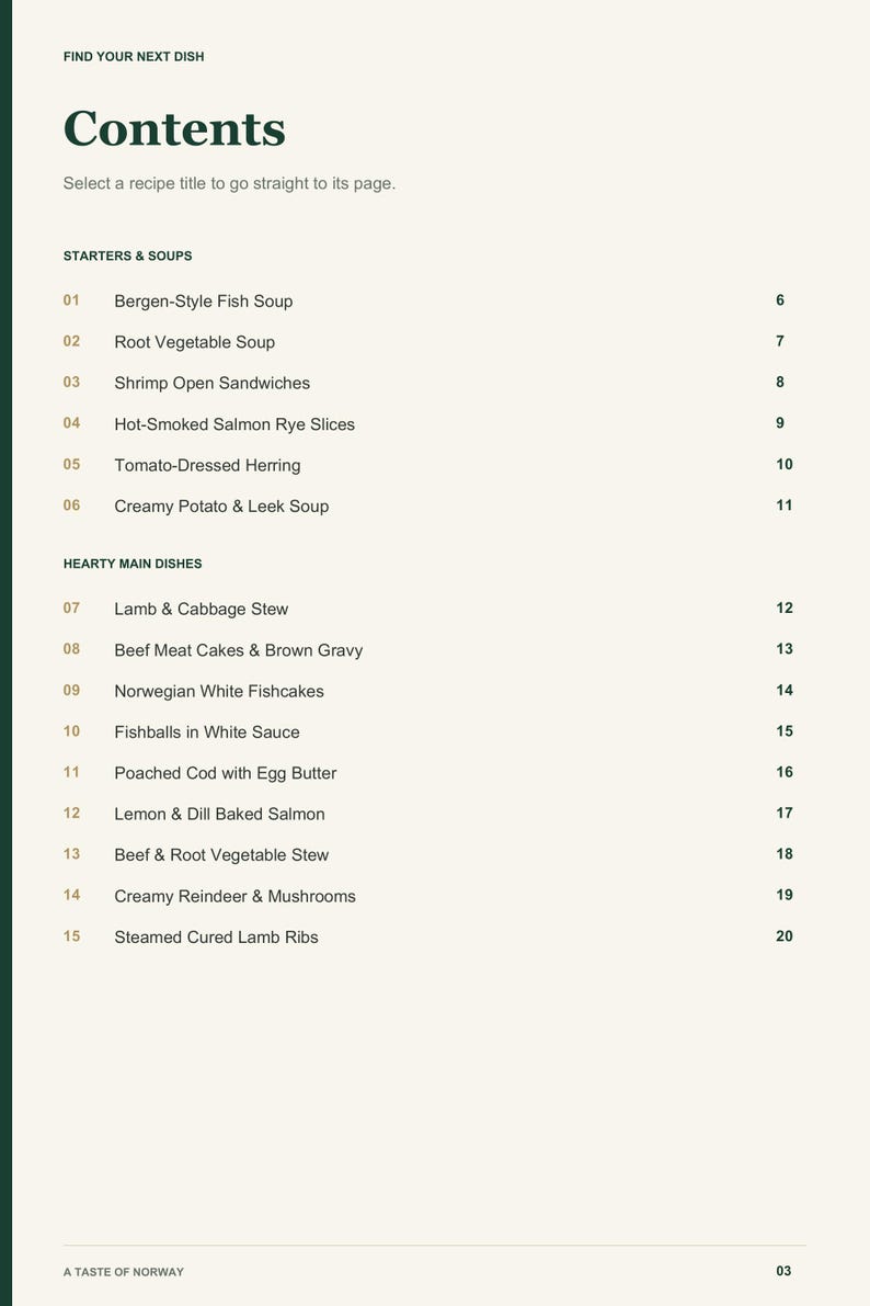 Actual PDF page 3 from A Taste of Norway: Contents, page 1.