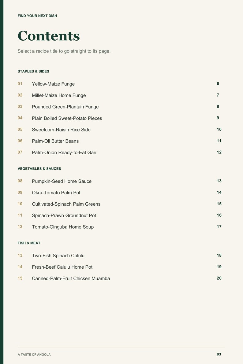 Actual PDF page 3 from A Taste of Angola: Contents, page 1.