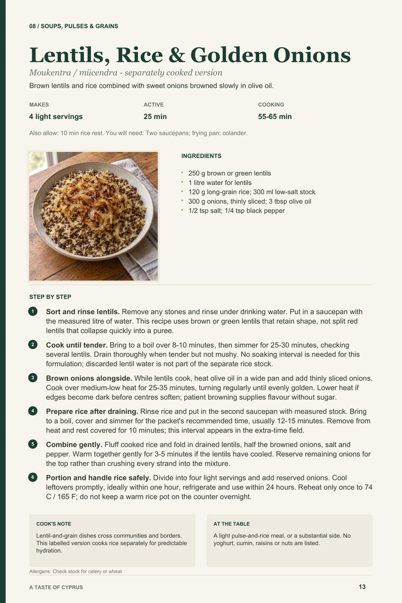 Actual PDF page 13 from A Taste of Cyprus: Lentils, Rice & Golden Onions recipe page.