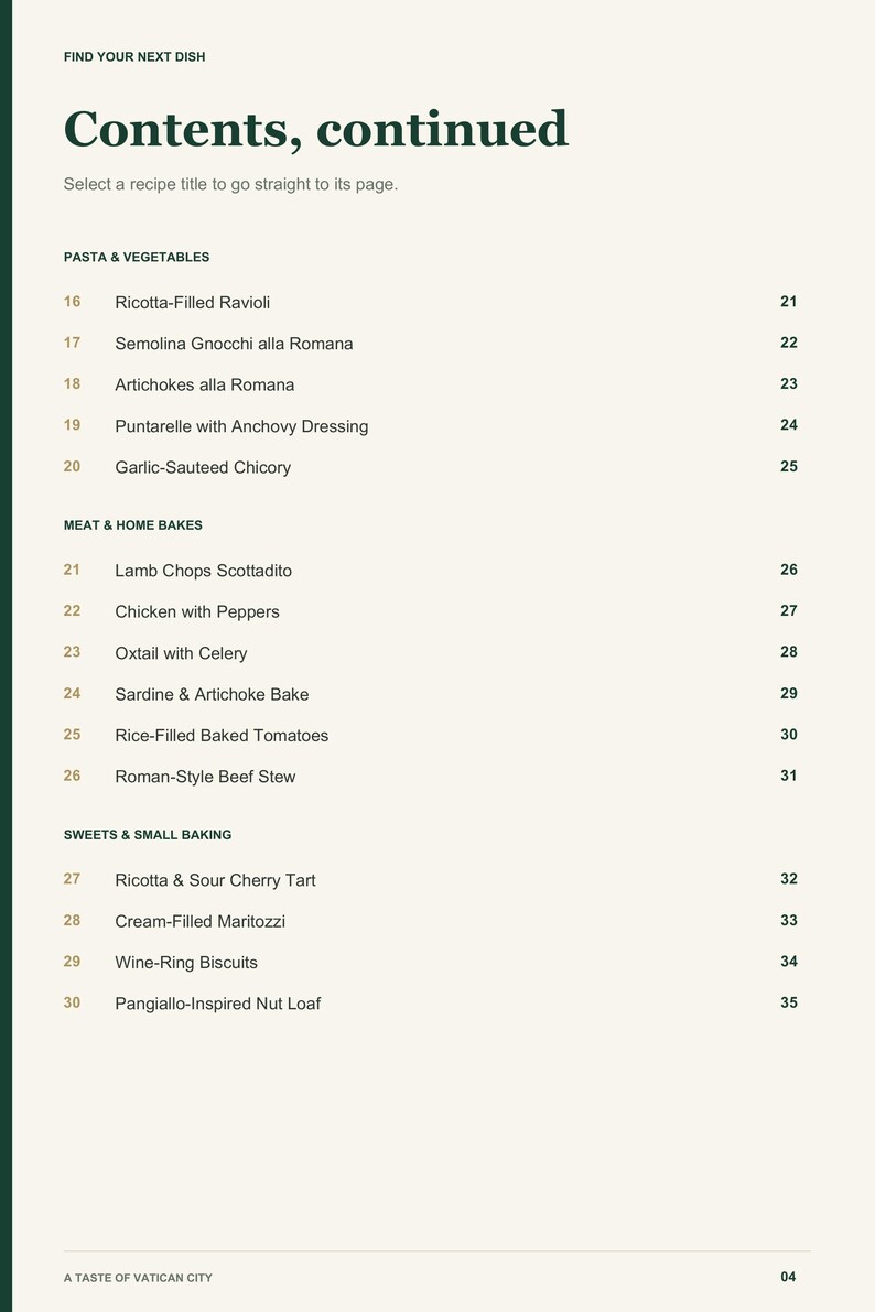 Actual PDF page 4 from A Taste of Vatican City: Contents, page 2.