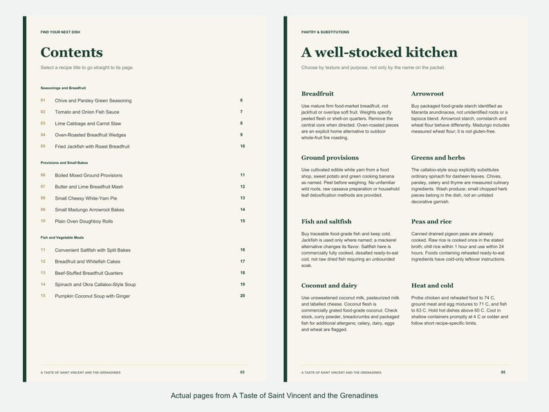 Actual contents and kitchen-notes pages from A Taste of Saint Vincent and the Grenadines.