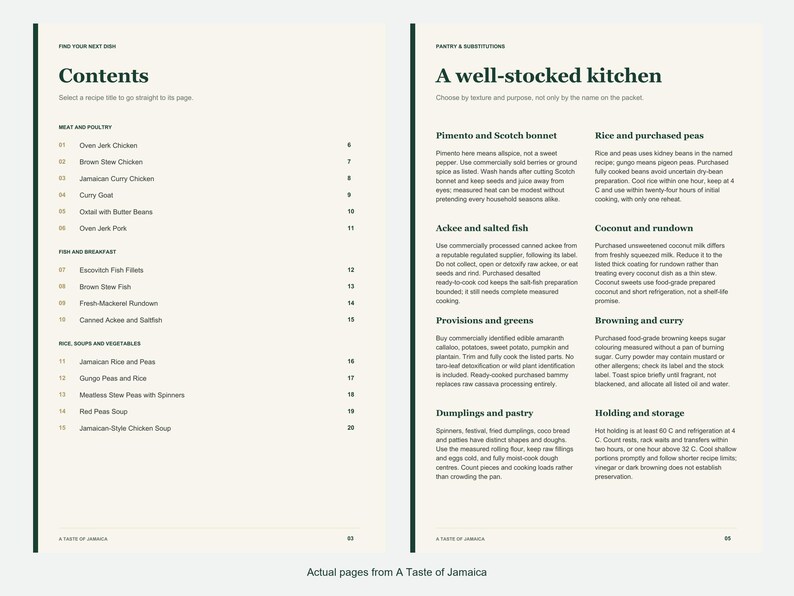 Actual contents and kitchen-notes pages from A Taste of Jamaica.