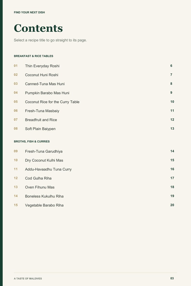 Actual PDF page 3 from A Taste of Maldives: Contents, page 1.
