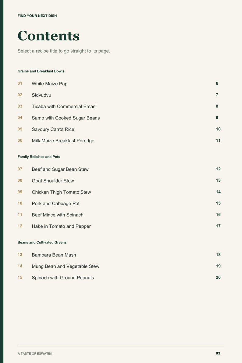 Actual PDF page 3 from A Taste of Eswatini: Contents, page 1.