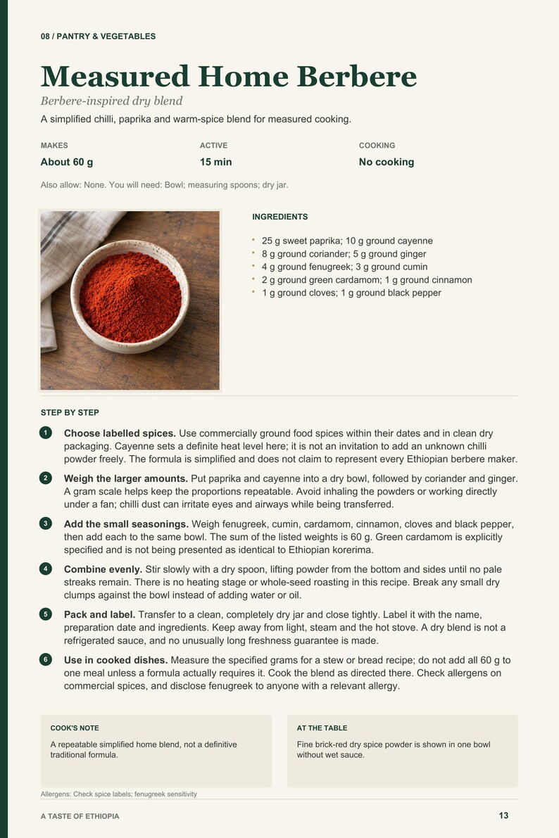 Actual PDF page 13 from A Taste of Ethiopia: Measured Home Berbere recipe page.