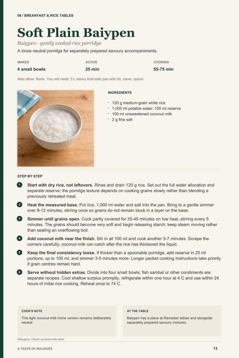 Actual PDF page 13 from A Taste of Maldives: Soft Plain Baiypen recipe page.