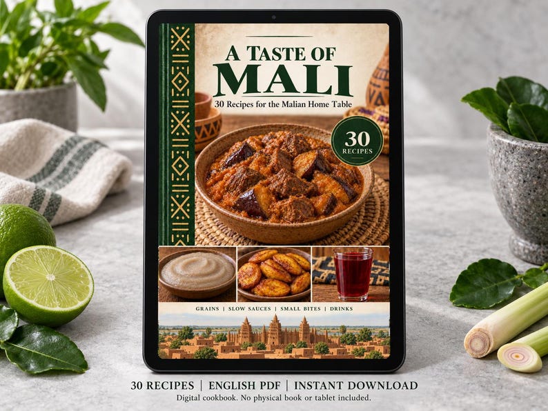 Digital cookbook mockup displaying the actual A Taste of Mali cover. English PDF download only; no tablet or physical book included.
