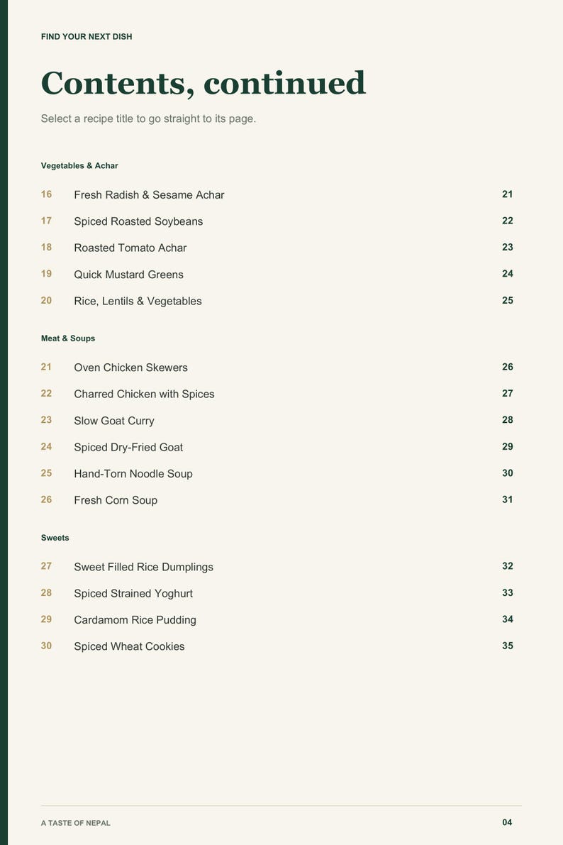 Actual PDF page 4 from A Taste of Nepal: Contents, page 2.