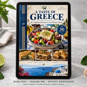 Digital cookbook mockup displaying the actual A Taste of Greece cover. English PDF download only; no tablet or physical book included.