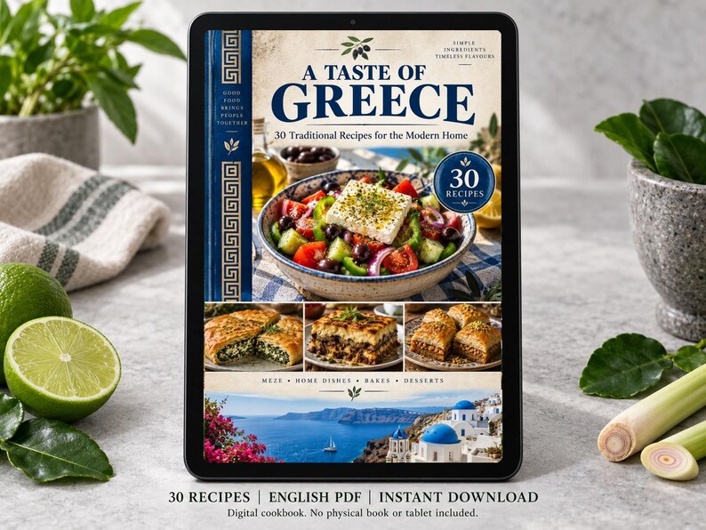 Digital cookbook mockup displaying the actual A Taste of Greece cover. English PDF download only; no tablet or physical book included.