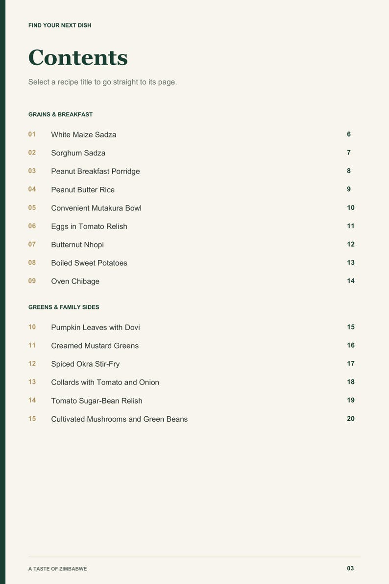 Actual PDF page 3 from A Taste of Zimbabwe: Contents, page 1.