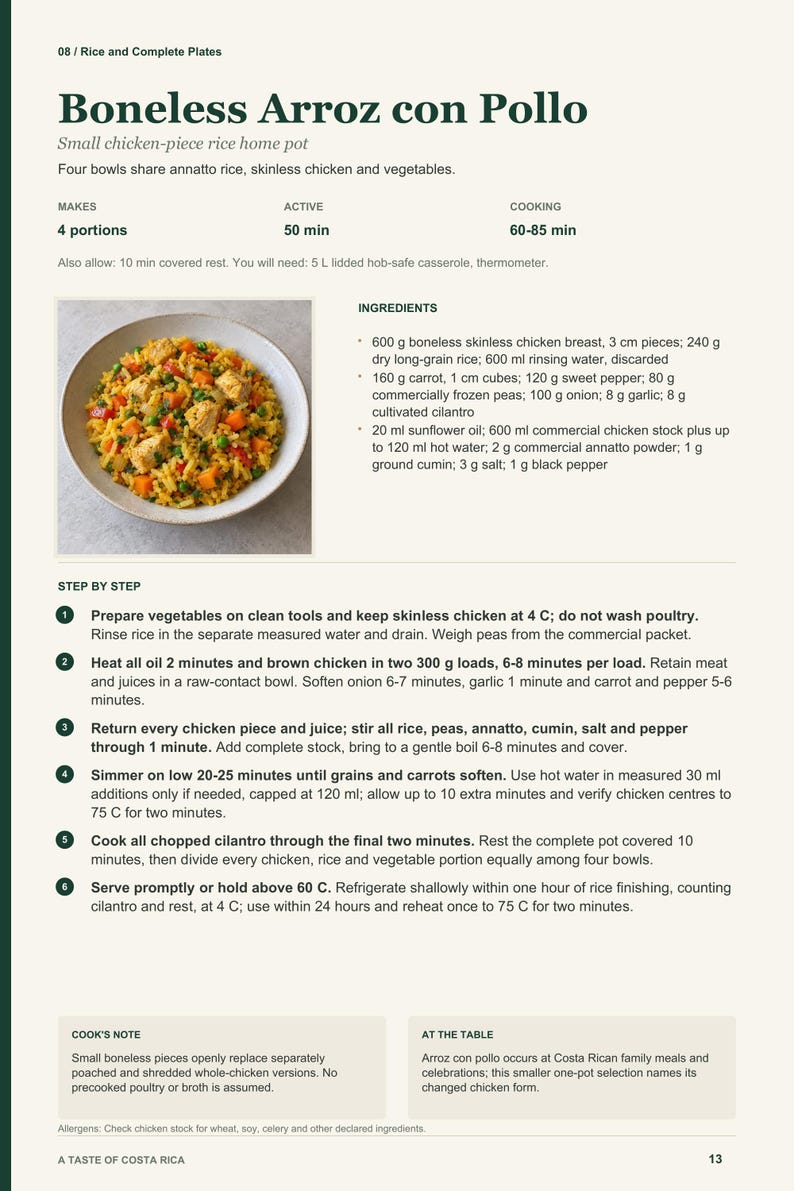 Actual PDF page 13 from A Taste of Costa Rica: Boneless Arroz con Pollo recipe page.