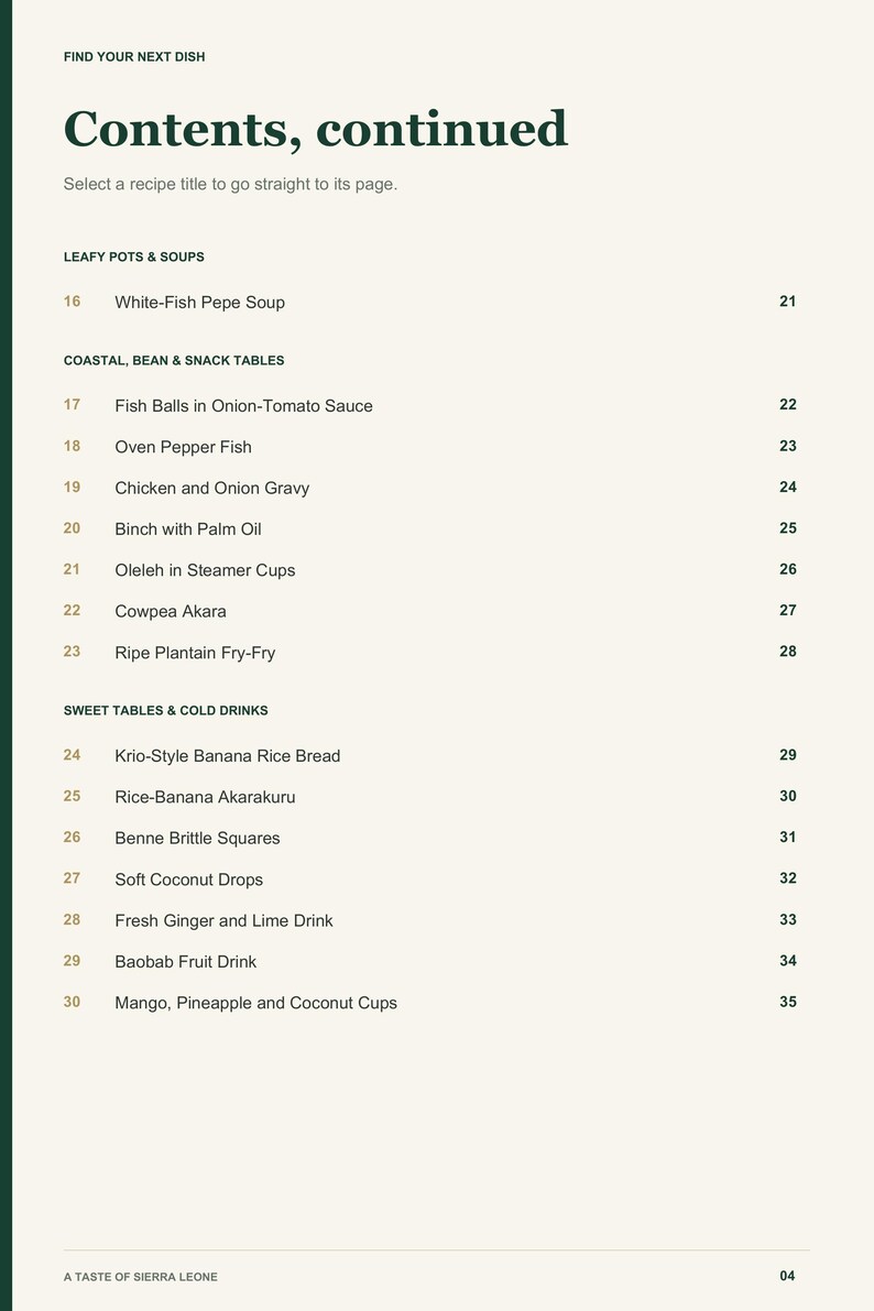 Actual PDF page 4 from A Taste of Sierra Leone: Contents, page 2.
