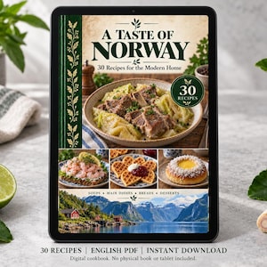 Digital cookbook mockup displaying the actual A Taste of Norway cover. English PDF download only; no tablet or physical book included.