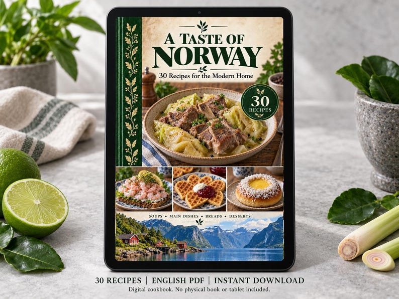 Digital cookbook mockup displaying the actual A Taste of Norway cover. English PDF download only; no tablet or physical book included.