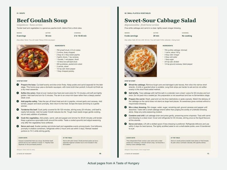Two actual recipe pages from A Taste of Hungary.