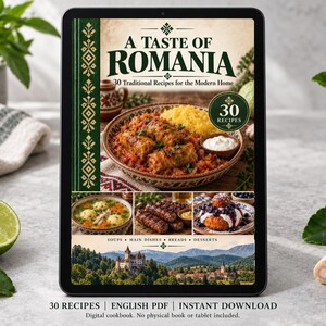 Digital cookbook mockup displaying the actual A Taste of Romania cover. English PDF download only; no tablet or physical book included.