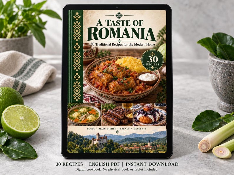 Digital cookbook mockup displaying the actual A Taste of Romania cover. English PDF download only; no tablet or physical book included.