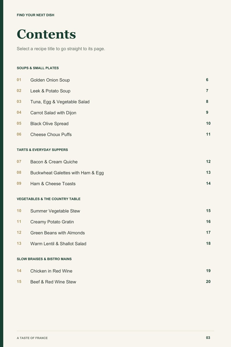 Actual PDF page 3 from A Taste of France: Contents, page 1.