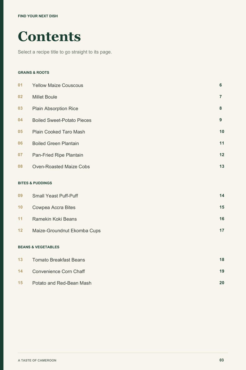 Actual PDF page 3 from A Taste of Cameroon: Contents, page 1.