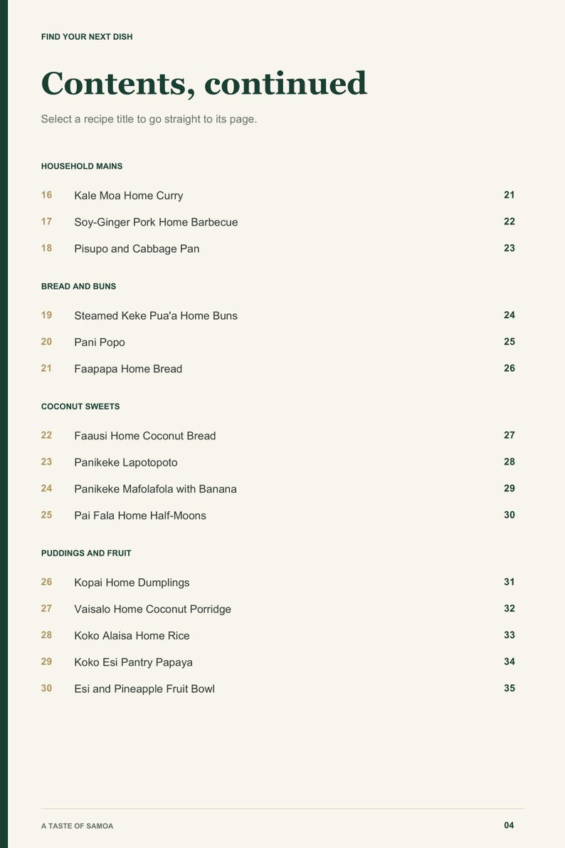 Actual PDF page 4 from A Taste of Samoa: Contents, page 2.