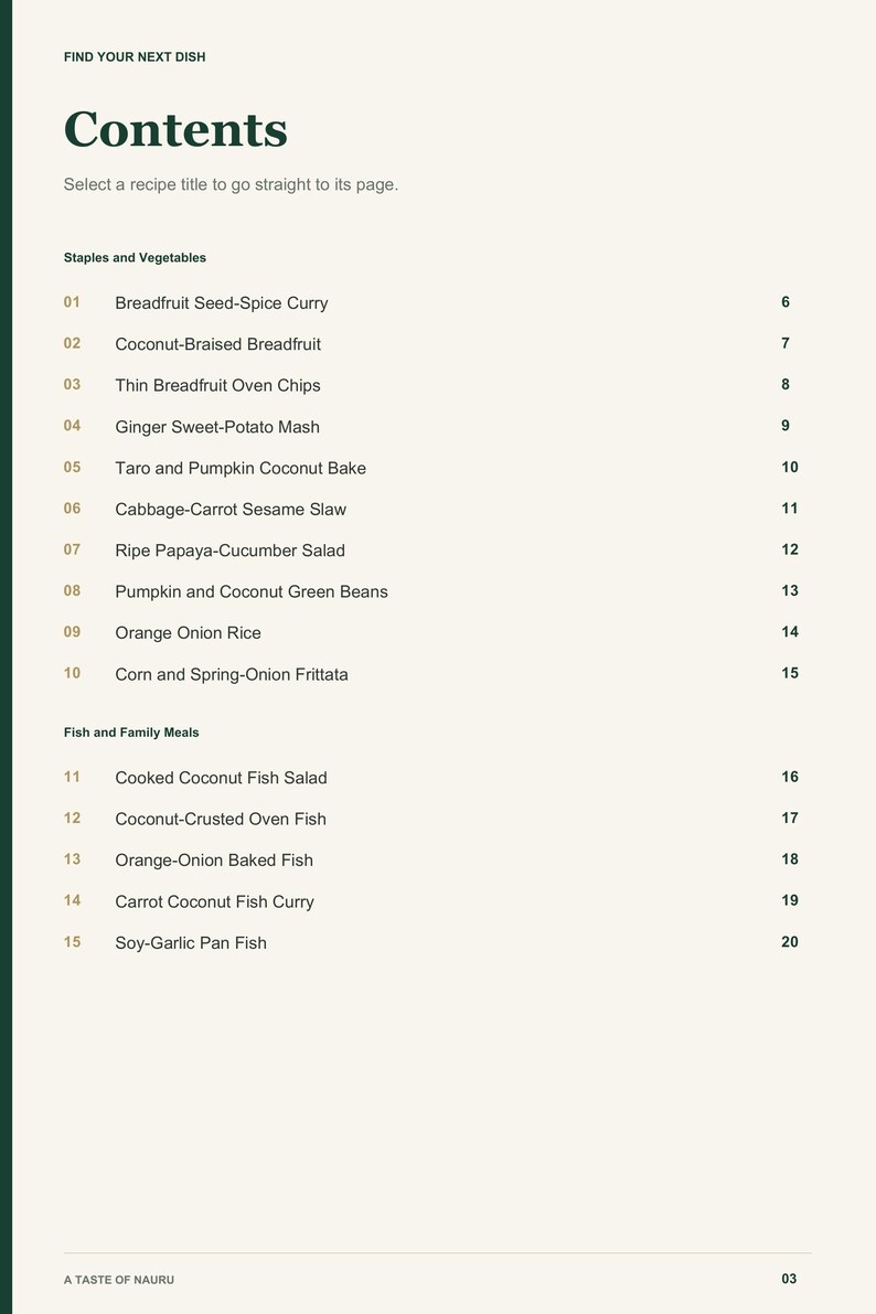 Actual PDF page 3 from A Taste of Nauru: Contents, page 1.