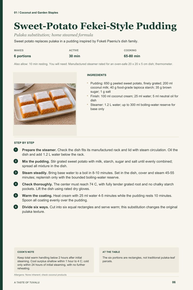 Actual PDF page 6 from A Taste of Tuvalu: Sweet-Potato Fekei-Style Pudding recipe page.
