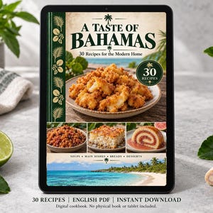 Digital cookbook mockup displaying the actual A Taste of Bahamas cover. English PDF download only; no tablet or physical book included.