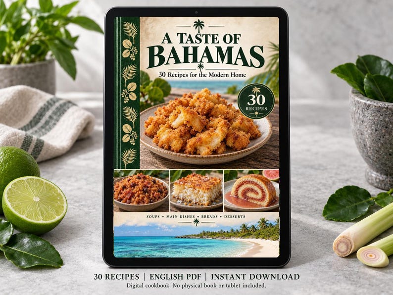Digital cookbook mockup displaying the actual A Taste of Bahamas cover. English PDF download only; no tablet or physical book included.