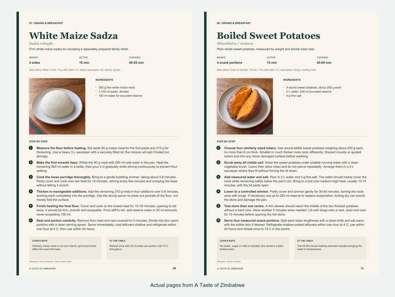 Two actual recipe pages from A Taste of Zimbabwe.