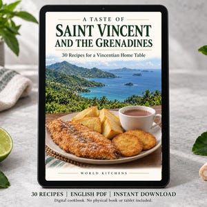 Digital cookbook mockup displaying the actual A Taste of Saint Vincent and the Grenadines cover. English PDF download only; no tablet or physical book included.