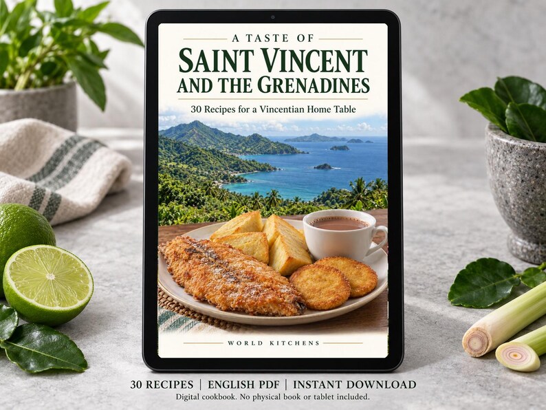 Digital cookbook mockup displaying the actual A Taste of Saint Vincent and the Grenadines cover. English PDF download only; no tablet or physical book included.