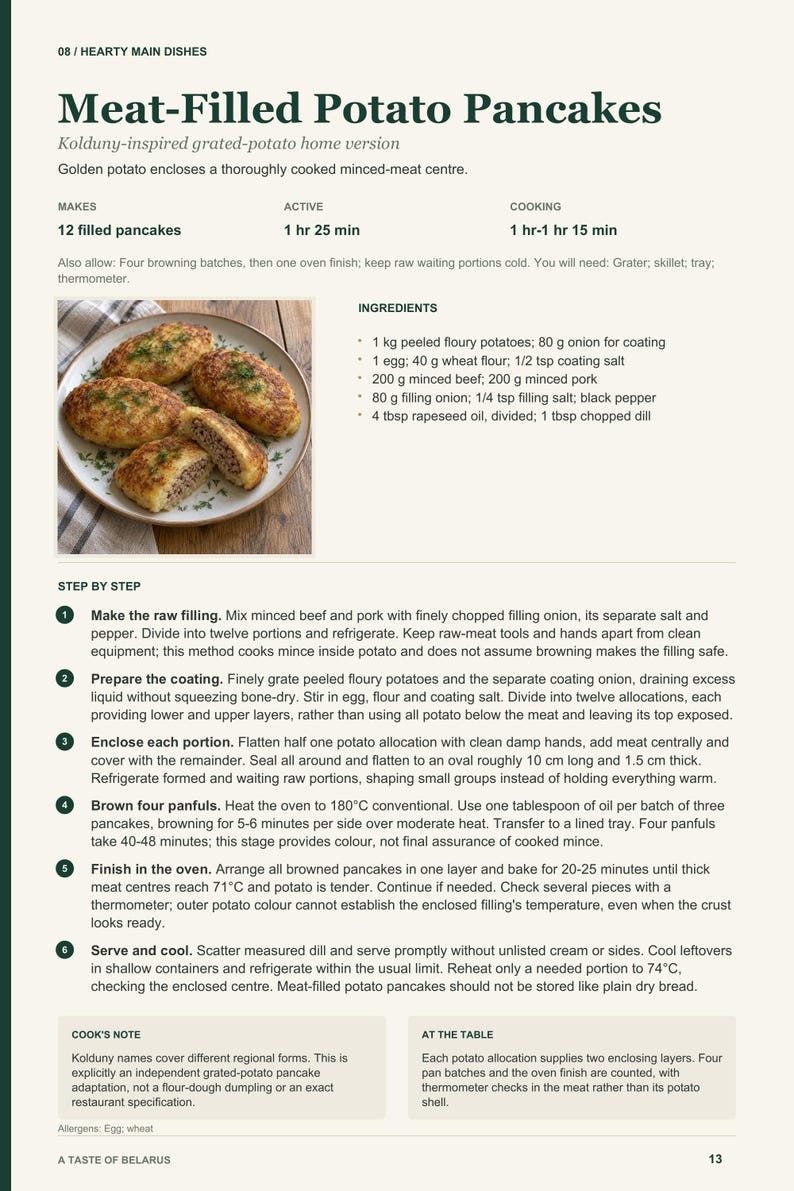 Actual PDF page 13 from A Taste of Belarus: Meat-Filled Potato Pancakes recipe page.